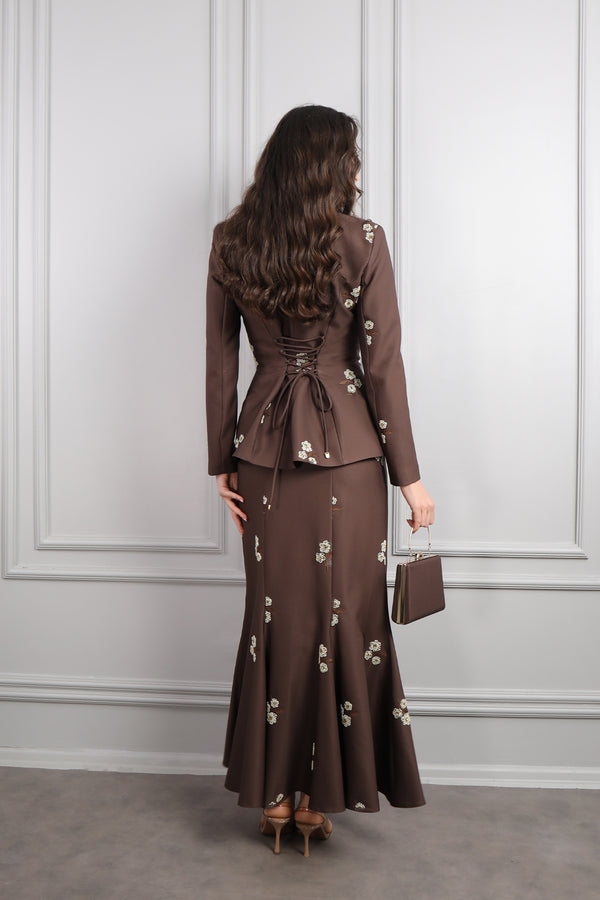 Boncuk İşlemeli Çanta Aksesuar Detaylı Etek Takım Kahve