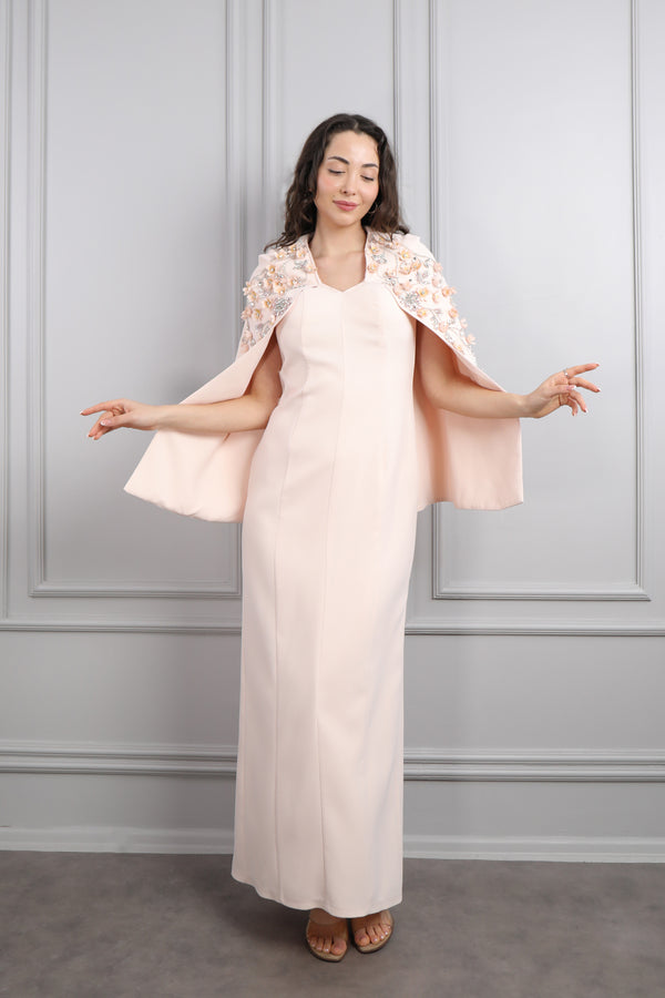 V Yaka Pelerini Taş Ve Çiçek Detaylı Büyük Beden Abiye Pembe