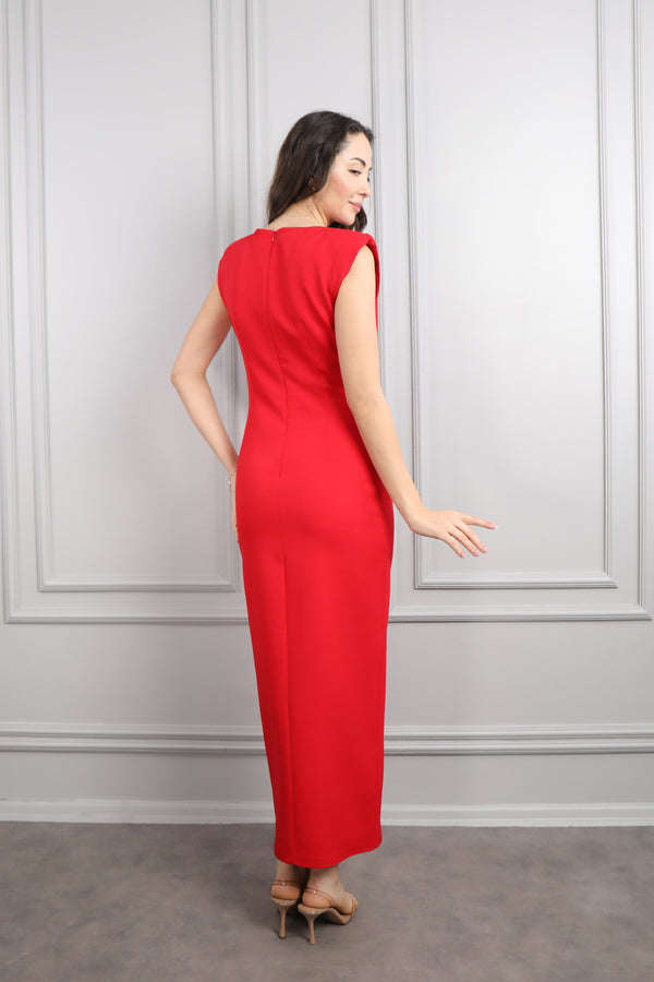 Omuzu Vatkalı Yırtmacı Fermuar Detaylı Elbise Kırmızı