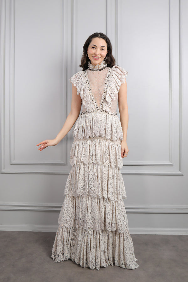 Hakim Yaka Transparan Detaylı Fırfırlı Dantelli Büyük Beden Abiye Taş