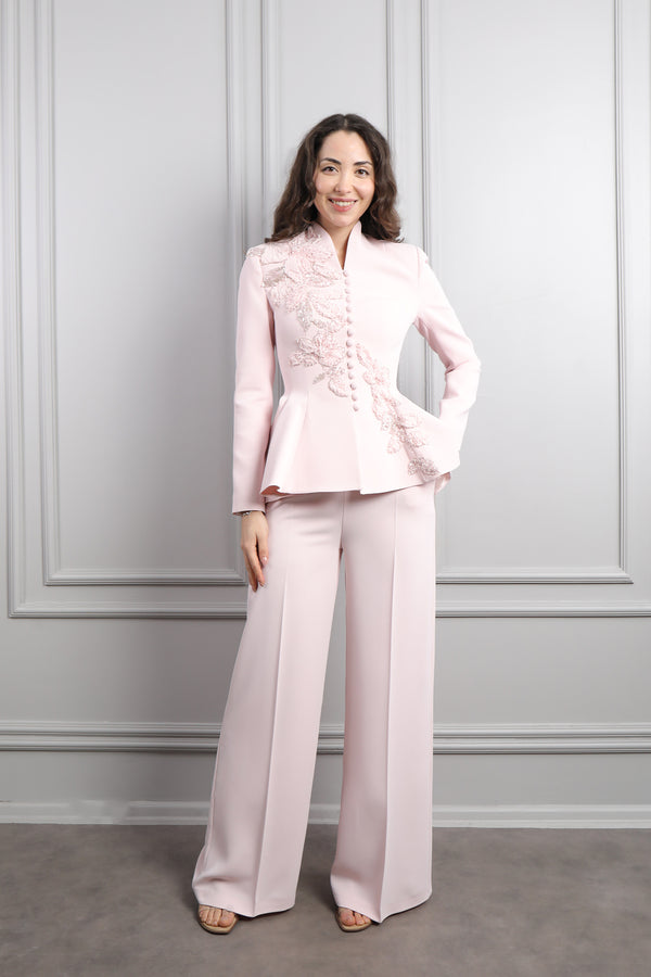 Ceketi Düğme Detaylı Çiçek İşlemeli Pantolon Takım Pudra