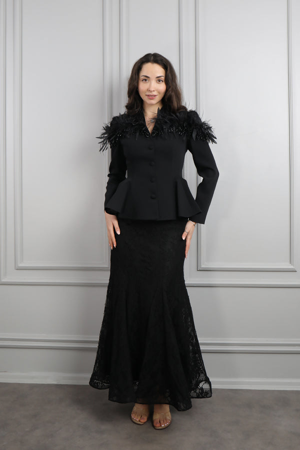 Omuzu Dantelli Tüy Detaylı Etek Takım Siyah