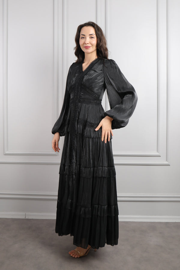 V Yaka Göpür Detaylı Şifon Elbise