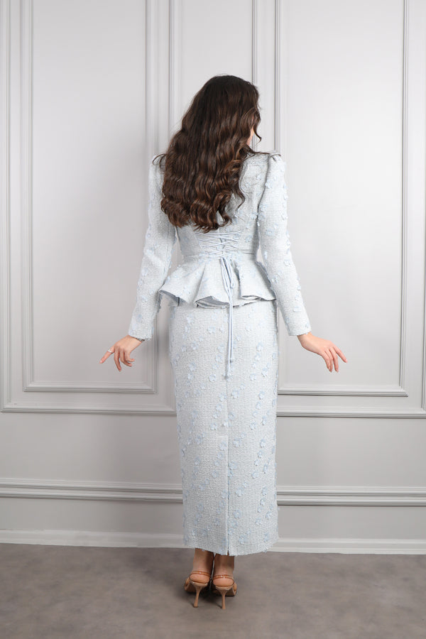 Bebe Yaka Çiçek Detaylı Tüvit Etek Takım Mavi