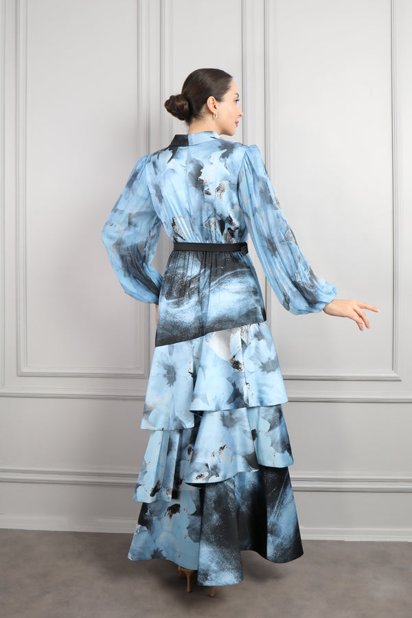 V Yaka Beli Kemerli Desenli Eteği Katlı Büyük Beden Elbise Mavi