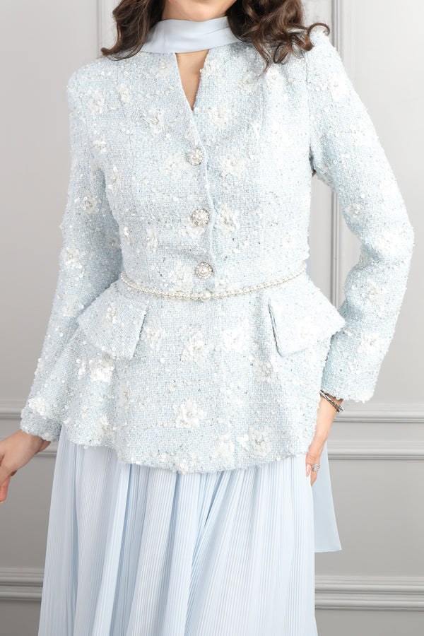 Önü Düğme Detaylı İnci Kemerli Tüvit Etek Takım Mavi