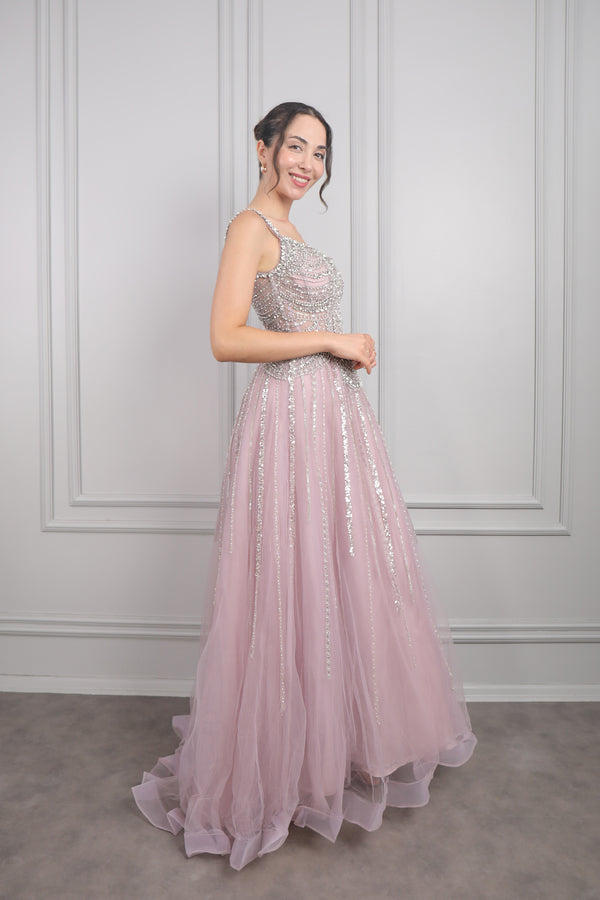 İnce Askılı Taş Ve Boncuk İşlemeli Tüllü Büyük Beden Tasarım Abiye Mor