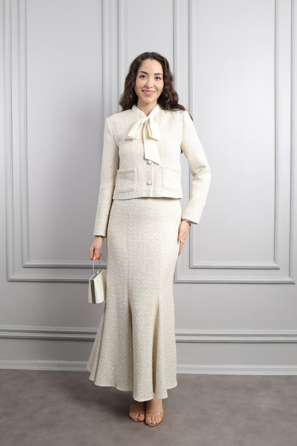 Yakası Bağlamalı Cepleri İnci İşlemeli Çanta Aksesuar Detaylı Tüvit Etek Takım Ekru