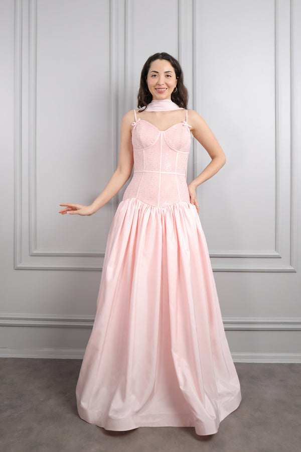 İnce Askılı Korse Görünümlü Fular Detaylı Abiye Pembe