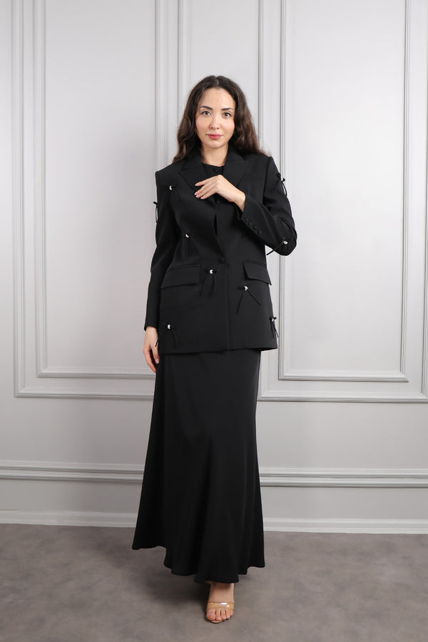 Ceketi Fiyonk Detaylı Üçlü Etek Takım Siyah