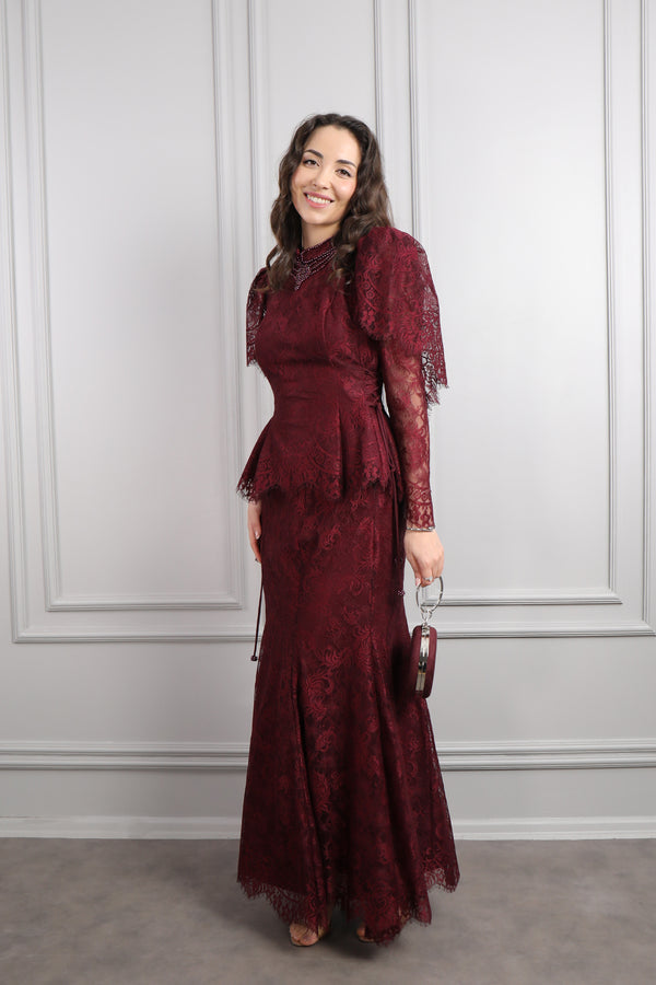 Hakim Yaka İnci İşlemeli Dantelli Etek Takım Vişne