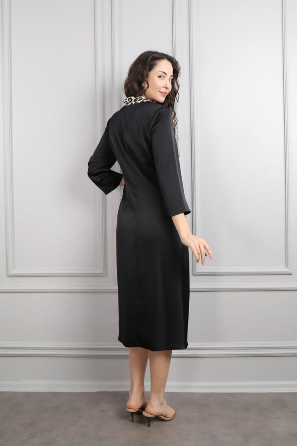 V Yaka Drapeli Büyük Beden Midi Boy Saten Elbise Siyah