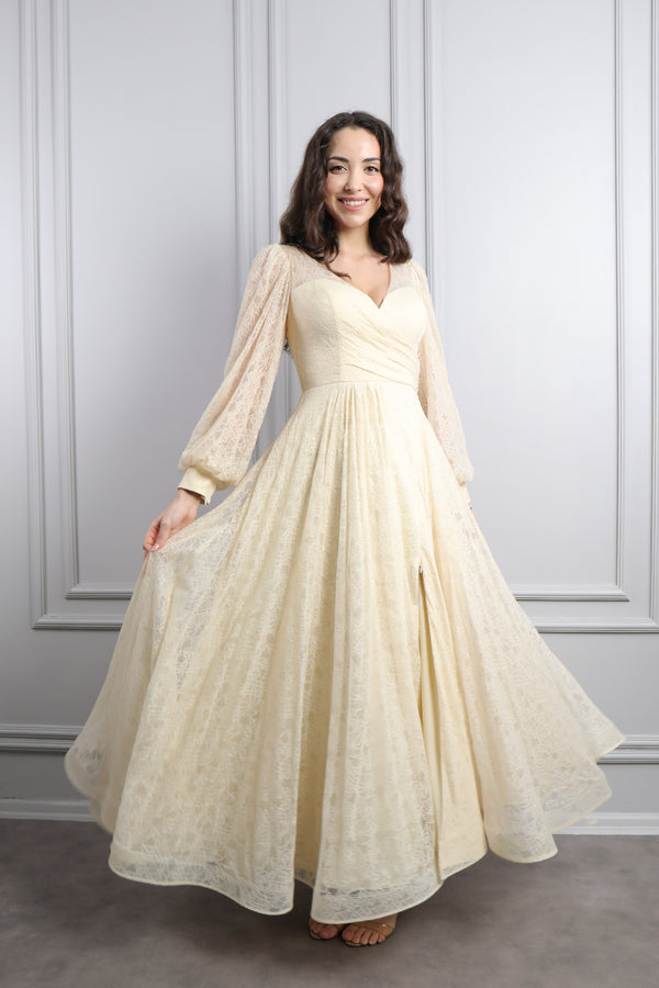 V Yaka Balon Kol Yırtmaçlı Büyük Beden Midi Boy Abiye Bej