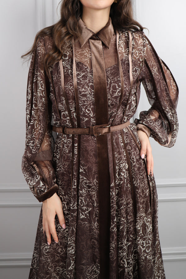 Gömlek Yaka Beli Kemerli Kadife Detaylı Desenli Midi Boy Şifon Elbise Kahverengi