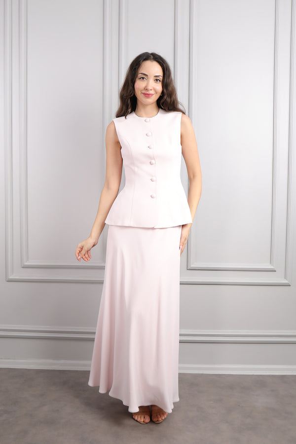 Ceketi Fiyonk Detaylı Üçlü Etek Takım Pudra