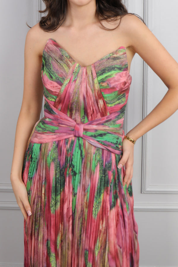 Straplez Drape Detaylı Desenli Abiye Fuşya