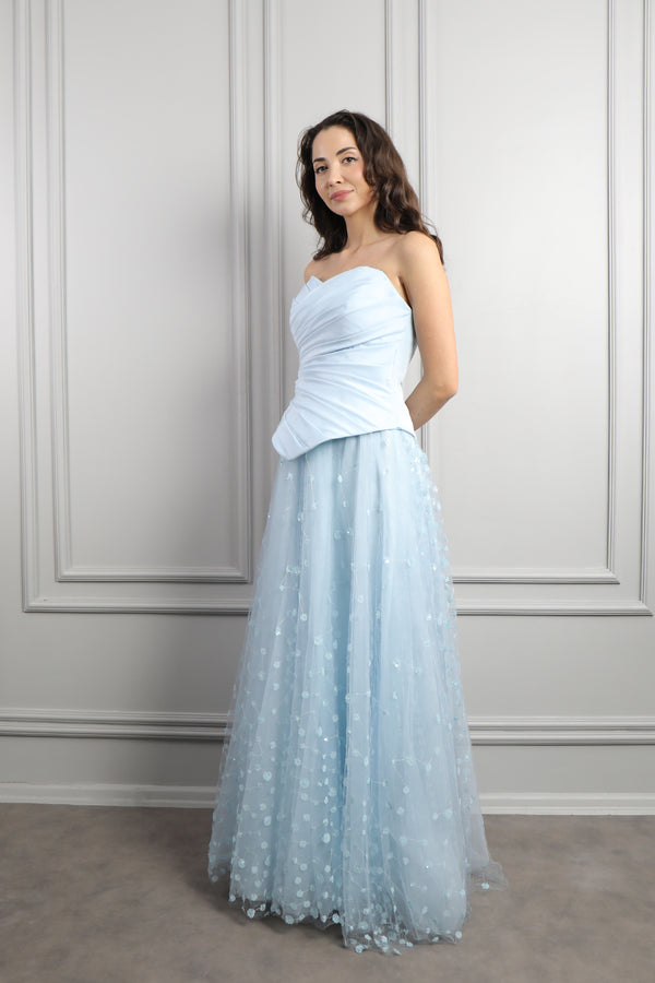 Straplez Drapeli Fular Detaylı Eteği Tüllü Abiye Bebe-Mavi