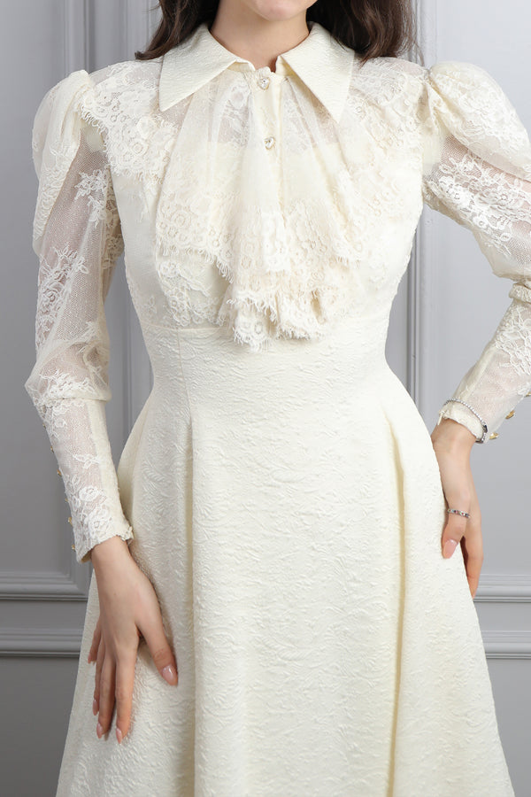 Gömlek Yaka Fırfır Detaylı Dantelli Elbise Ekru