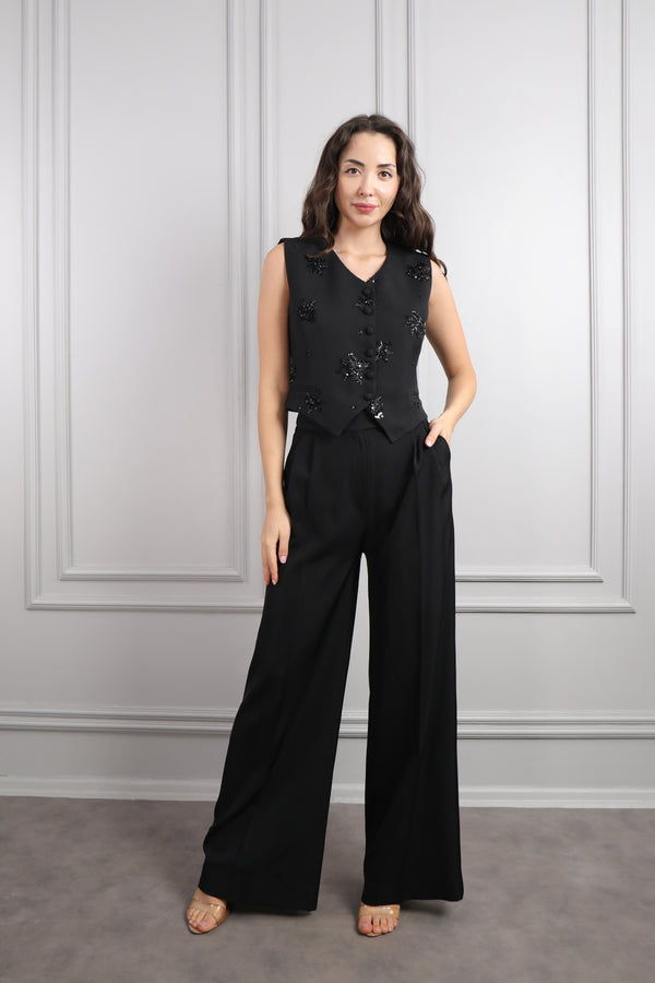 Boncuk İşlemeli Üçlü Pantolon Takım Siyah