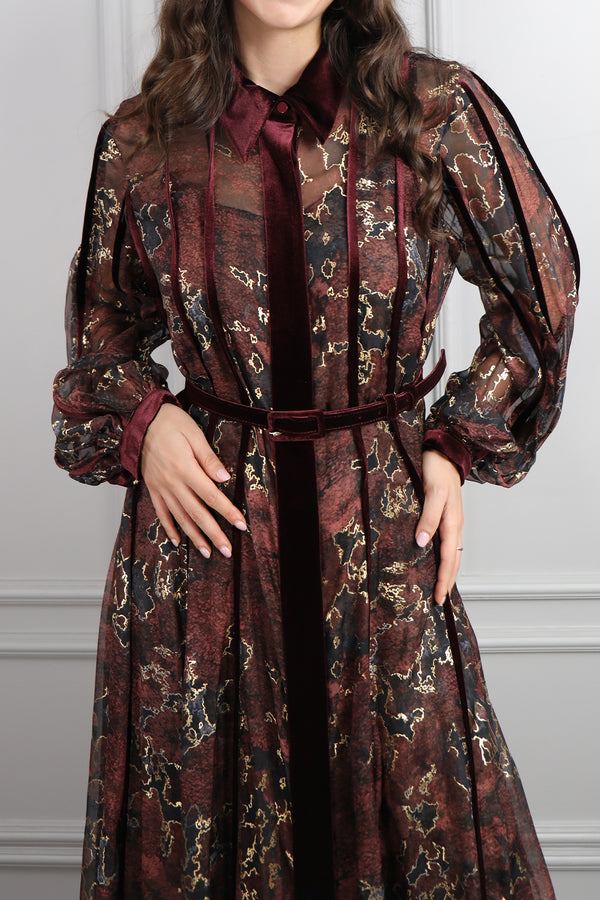 Beli Kemerli Kadife Detaylı Desenli Büyük Beden Şifon Elbise Gold