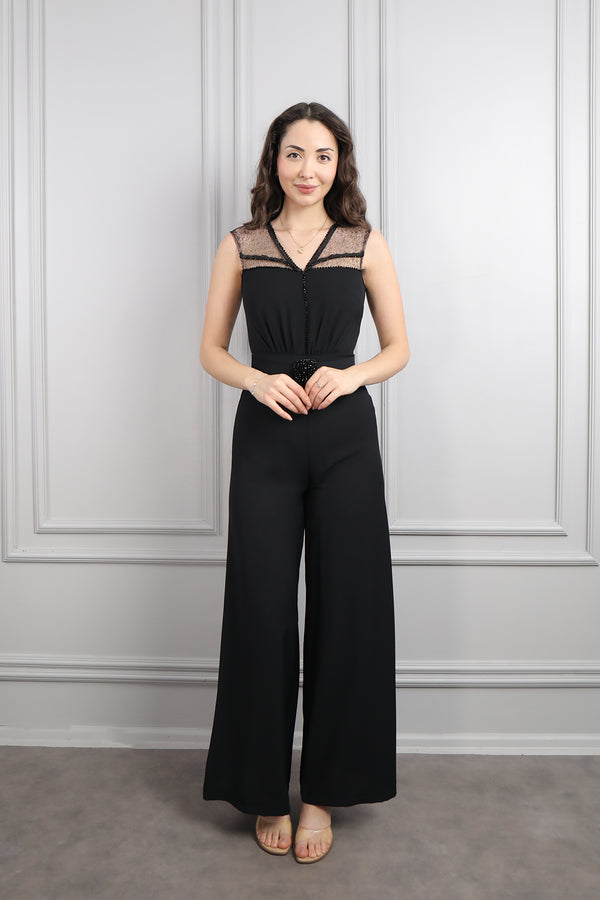 Beli Kemerli Omuuz Transparan Detaylı Boncuk İşlemeli Tulum Siyah