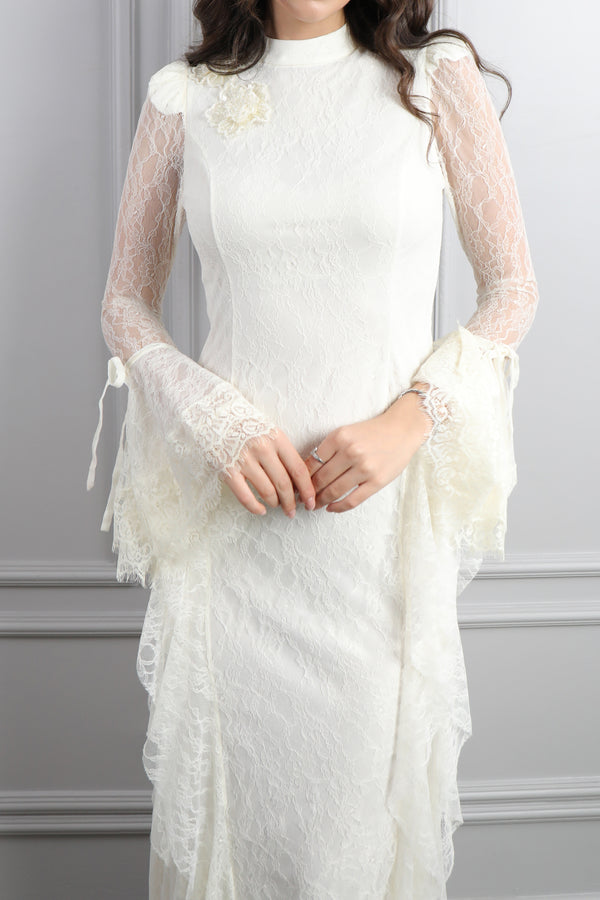 Hakim Yaka Transparan Kol Fırfır Detaylı Dantelli Elbise Kemik