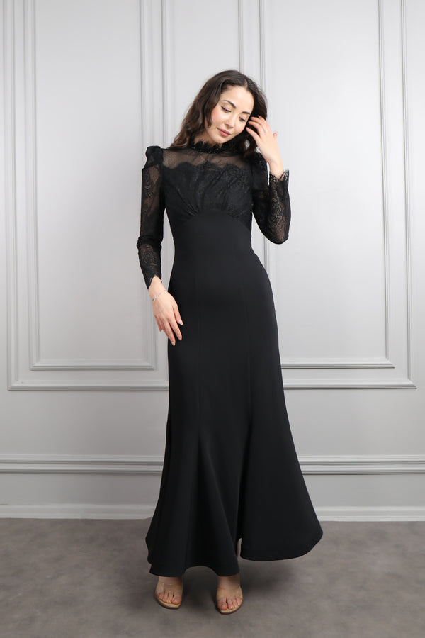 Hakim Yaka Transparan Detaylı Dantelli Elbise Siyah