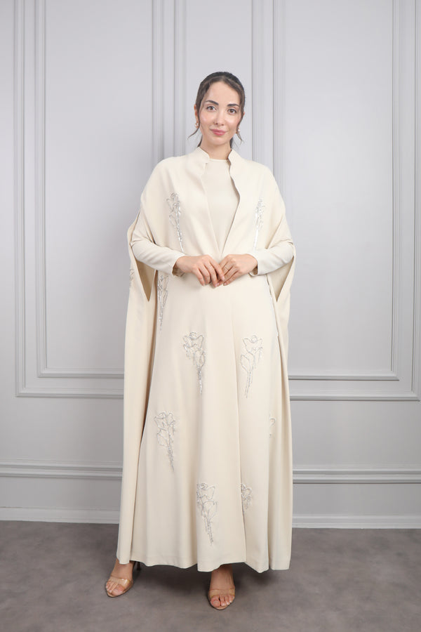 Çiçek İşlemeli İkili Abaya Takım Bej