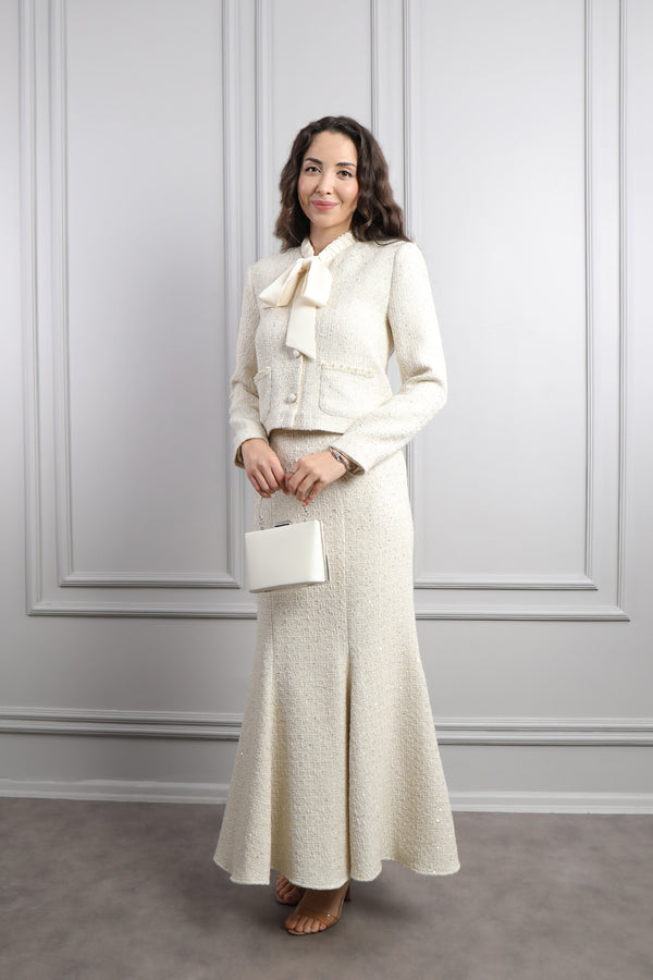 Yakası Bağlamalı Cepleri İnci İşlemeli Çanta Aksesuar Detaylı Tüvit Etek Takım Ekru