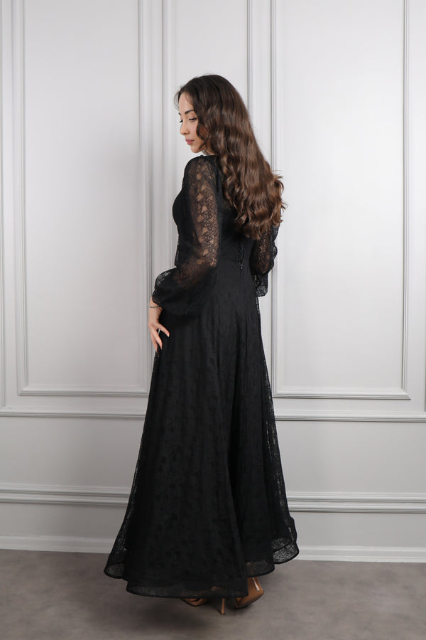 V Yaka Balon Kol Yırtmaçlı Büyük Beden Midi Boy Abiye Siyah