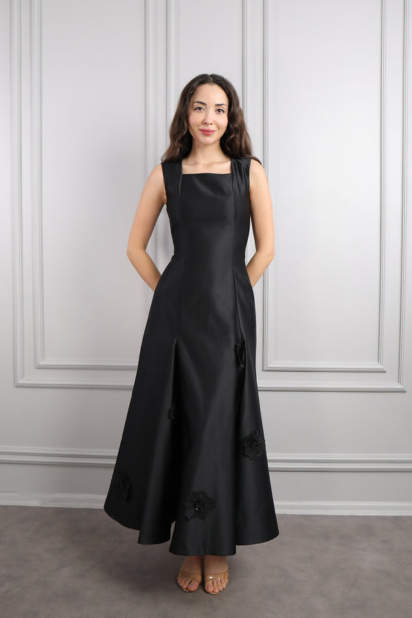 Ceketi Boncuk İşlemeli Çiçek Detaylı Elbise Takım Siyah