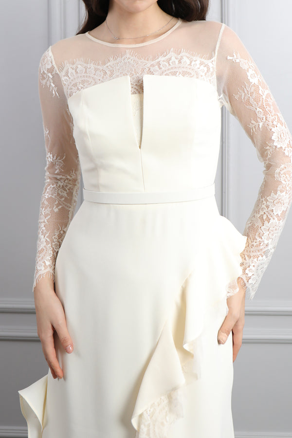 Kolları Transparan Dantel Detaylı Fırfırlı Elbise Ekru