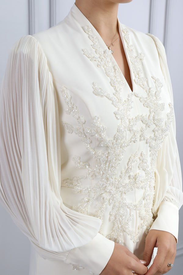 Önü Boncuk İşlemeli Balon Kol Elbise Ekru