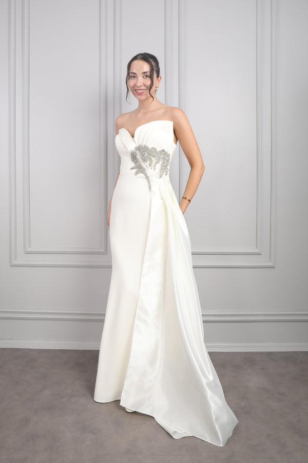 Drapeli Boncuk İşlemeli Kuyruklu Büyük Beden Abiye Kemik