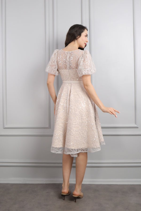 Balon Kol Beli Kemerli Simli Kısa Abiye Bej