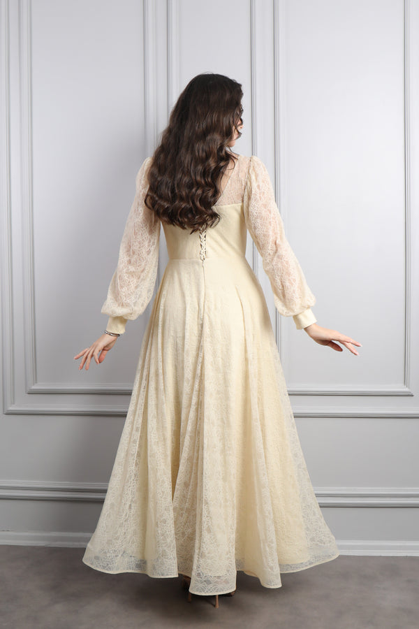 V Yaka Balon Kol Yırtmaçlı Büyük Beden Midi Boy Abiye Bej