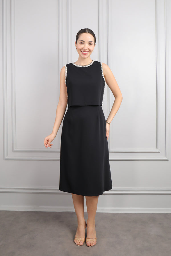 Üstü Taş Detaylı Midi Boy Elbise Takım Siyah
