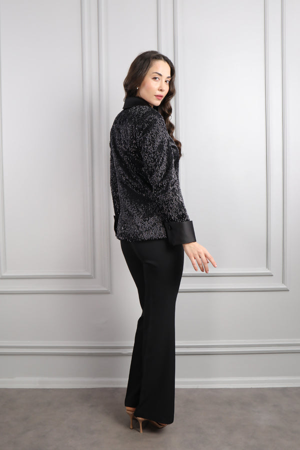 Ceketi Çiçek Detaylı Boncuk İşlemeli Pantolon Takım Siyah