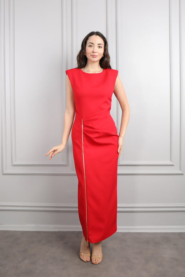 Omuzu Vatkalı Yırtmacı Fermuar Detaylı Elbise Kırmızı