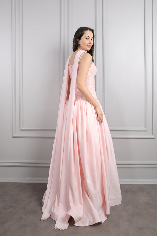 İnce Askılı Korse Görünümlü Fular Detaylı Abiye Pembe