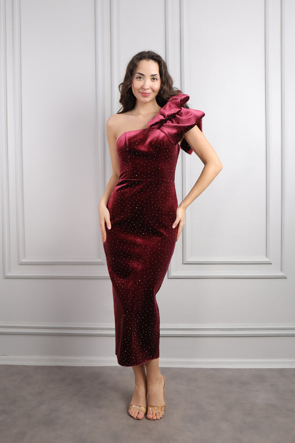 Tek Omuz Taş İşlemeli Midi Boy Kadife Abiye Bordo