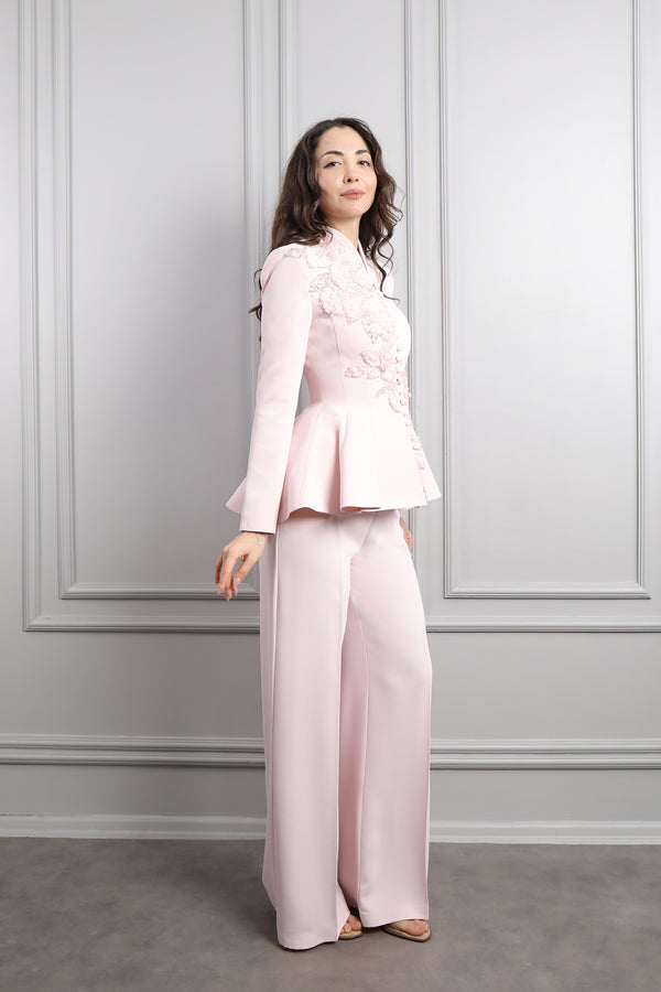 Ceketi Düğme Detaylı Çiçek İşlemeli Pantolon Takım Pudra