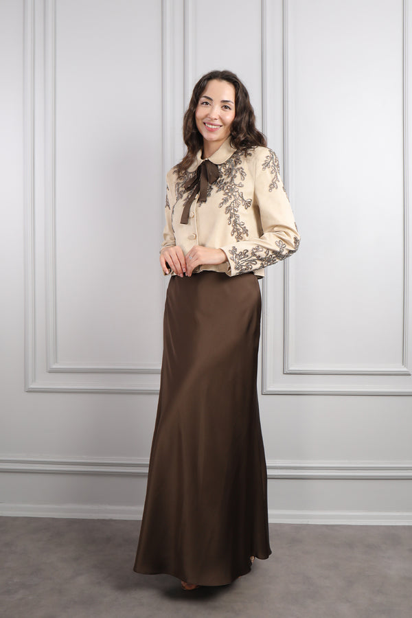Ceketi Boncuk İşlemeli Saten Etek Takım Bej