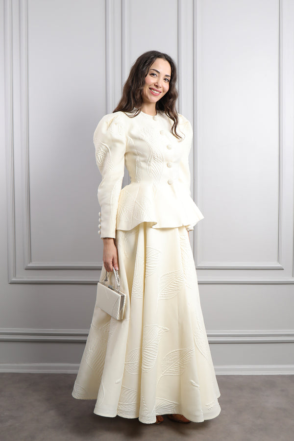 Önü Düğmeli Çanta Aksesuar Detaylı Etek Takım Ekru