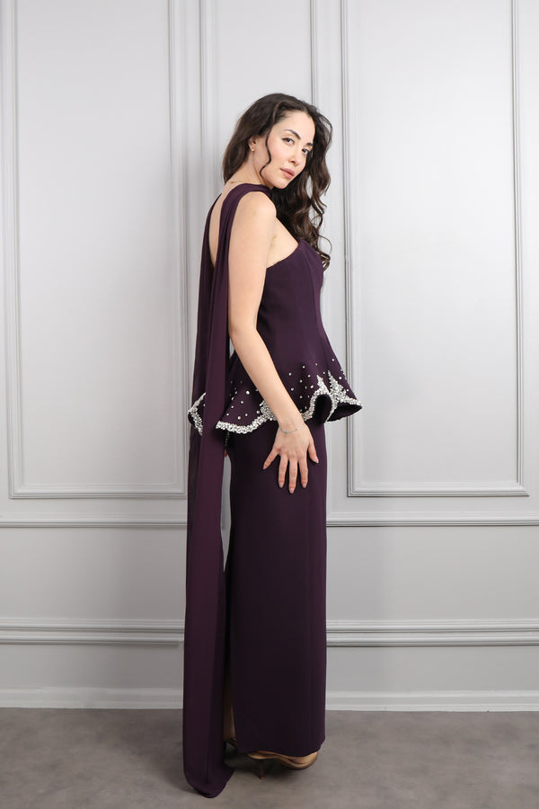 Straplez Taş İşlemeli Fular Detaylı Abiye Mor