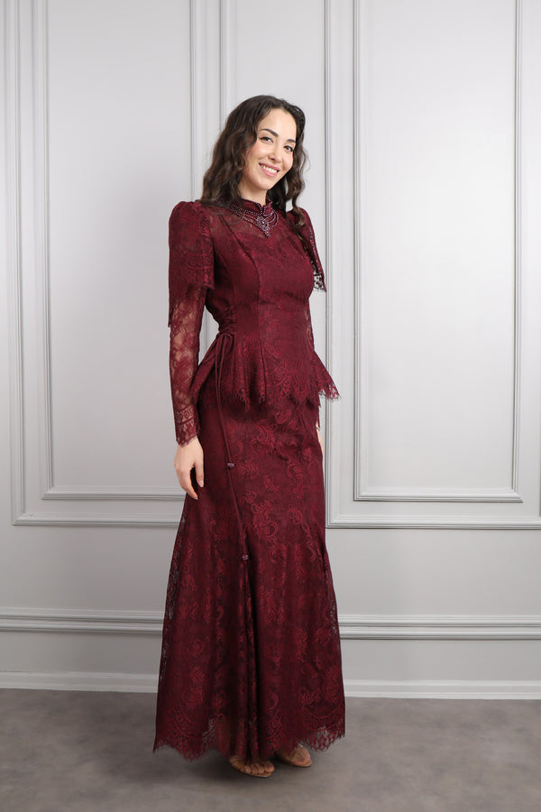 Hakim Yaka İnci İşlemeli Dantelli Etek Takım Vişne