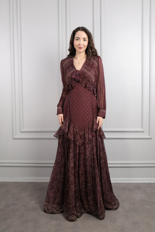 V Yaka Çiçek Detaylı Desenli Büyük Beden Şifon Elbise Mürdüm