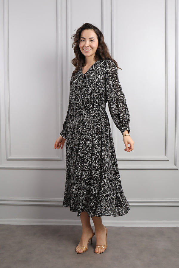 Bebe Yaka Beli Kemerli Desenli Büyük Beden Midi Boy Elbise Siyah