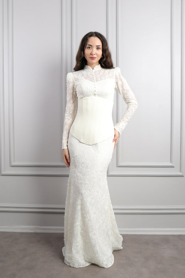 Hakim Yaka Önü Düğmeli Korse Detaylı Dantelli Abiye Kemik