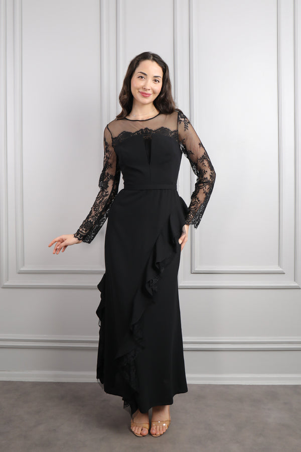 Kolları Transparan Dantel Detaylı ve Volanlı Büyük Beden Elbise Siyah